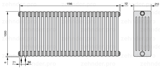 Схема (чертеж) Радиатор Zehnder Charleston 6100/26 №3370 Белый глянцевый RAL 9016